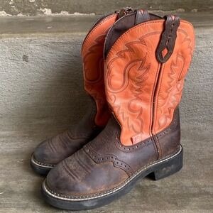 Women's Justin Boots Gypsy Western Cowboy Brown & Orange Leather Floral Stitch